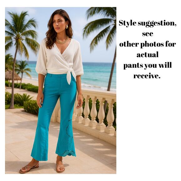 Turquoise Resort Pants Cutwork Embroidery Boho Coastal Cruise Beach Size 10 - Picture 1 of 7